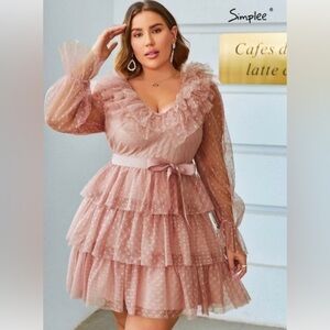 NWOT SHEIN Simplee Plus Polka Dot Flounce Sleeve Layered Hem Dobby Mesh Dress